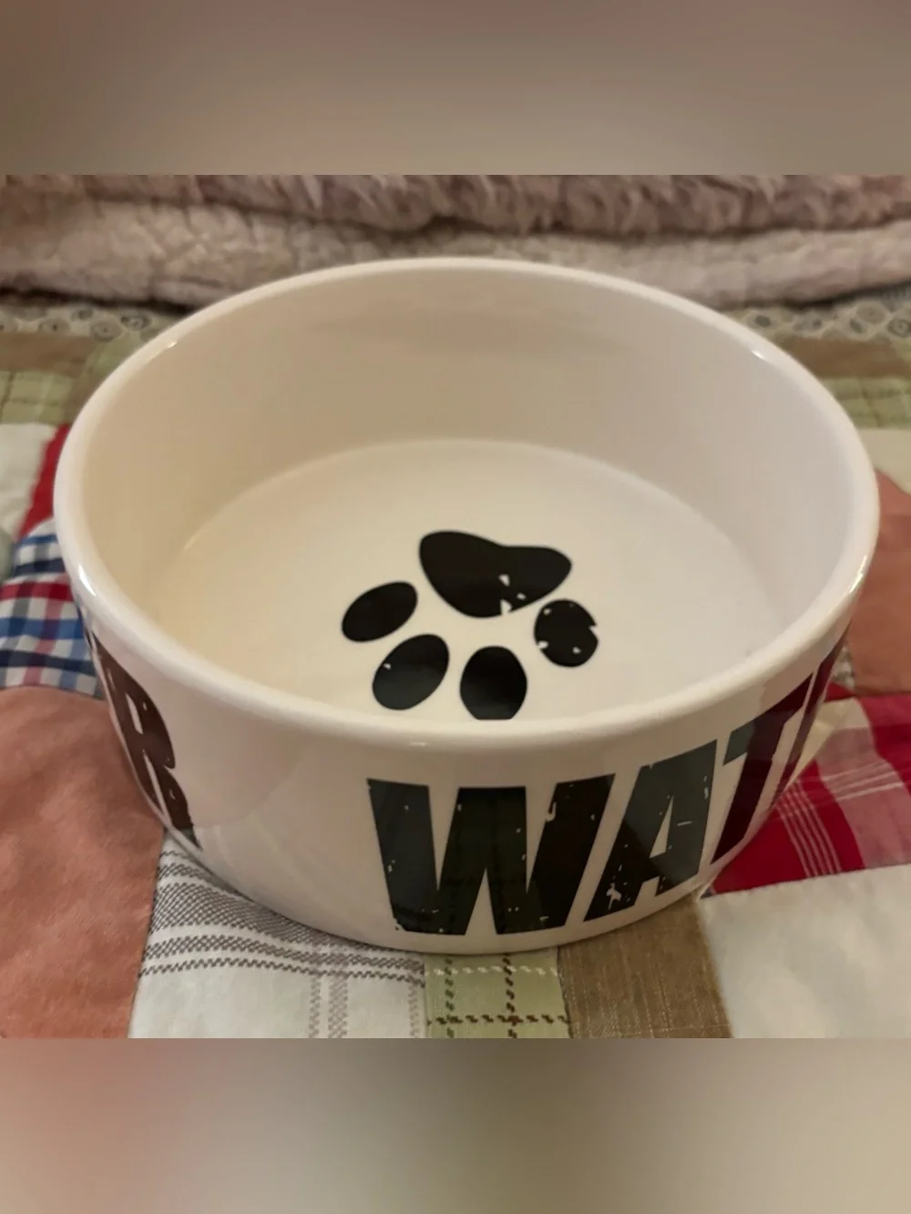 White Ceramic Water Bowl with Black Writing & Paw Print Size 6.25”D